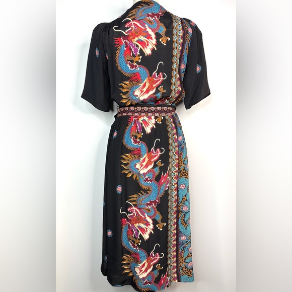 Vintage Anita Kantor 70s / 80s Black Midi Wrap Dress Asian Dragon Print Small - Picture 13 of 14